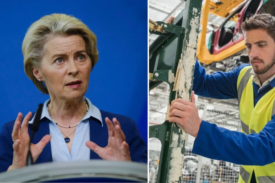 Giganții pieței se revoltă împotriva reglementărilor UE. Imaginea prezintă, în fotografii alăturate: Ursula von der Leyen și un angajat al fabricilor