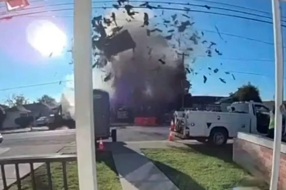 Explozie în Hayward, California, cu dărâmături și fum gros vizibile