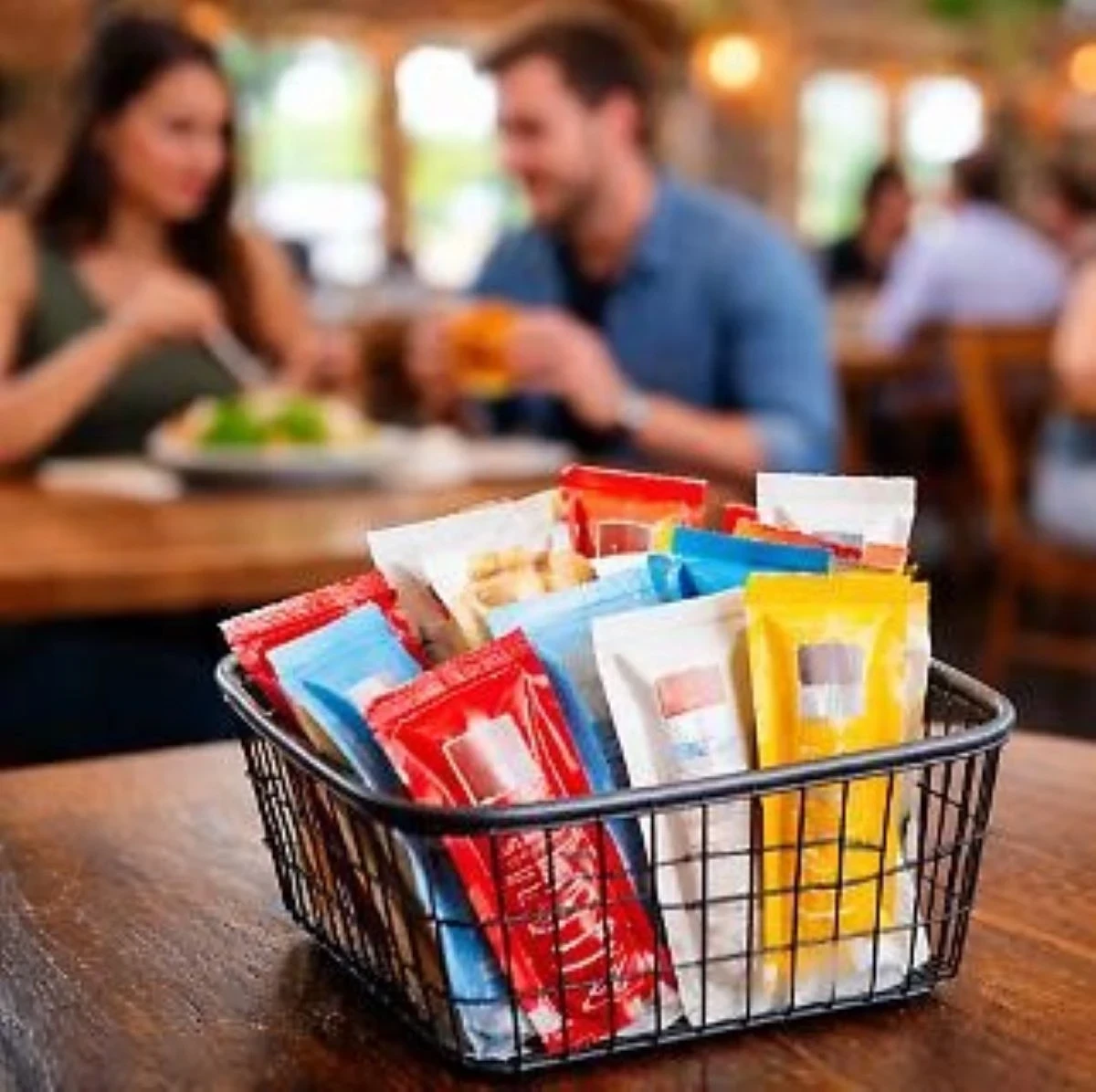 Pliculețe individuale pentru sosuri, precum ketchup și maioneză