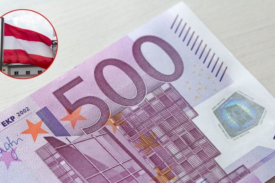 Vești bune pentru angajați din Austria. În imagine: bancnota de 500 euro ți steagul Austriei
