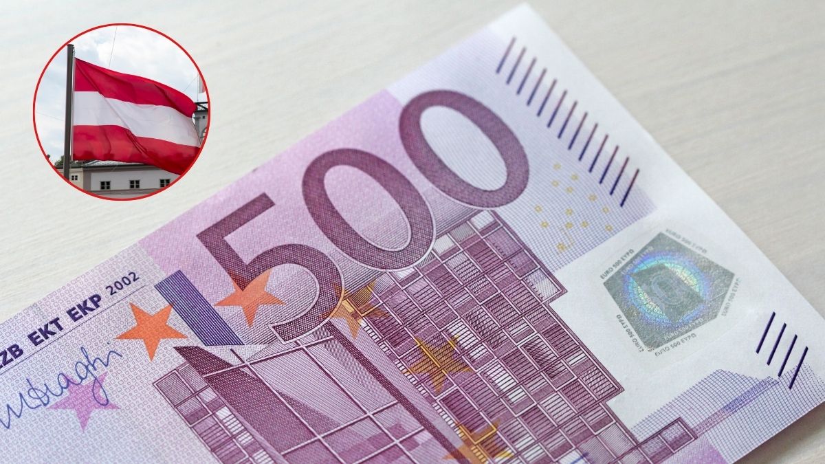 Vești bune pentru angajați din Austria. În imagine: bancnota de 500 euro ți steagul Austriei