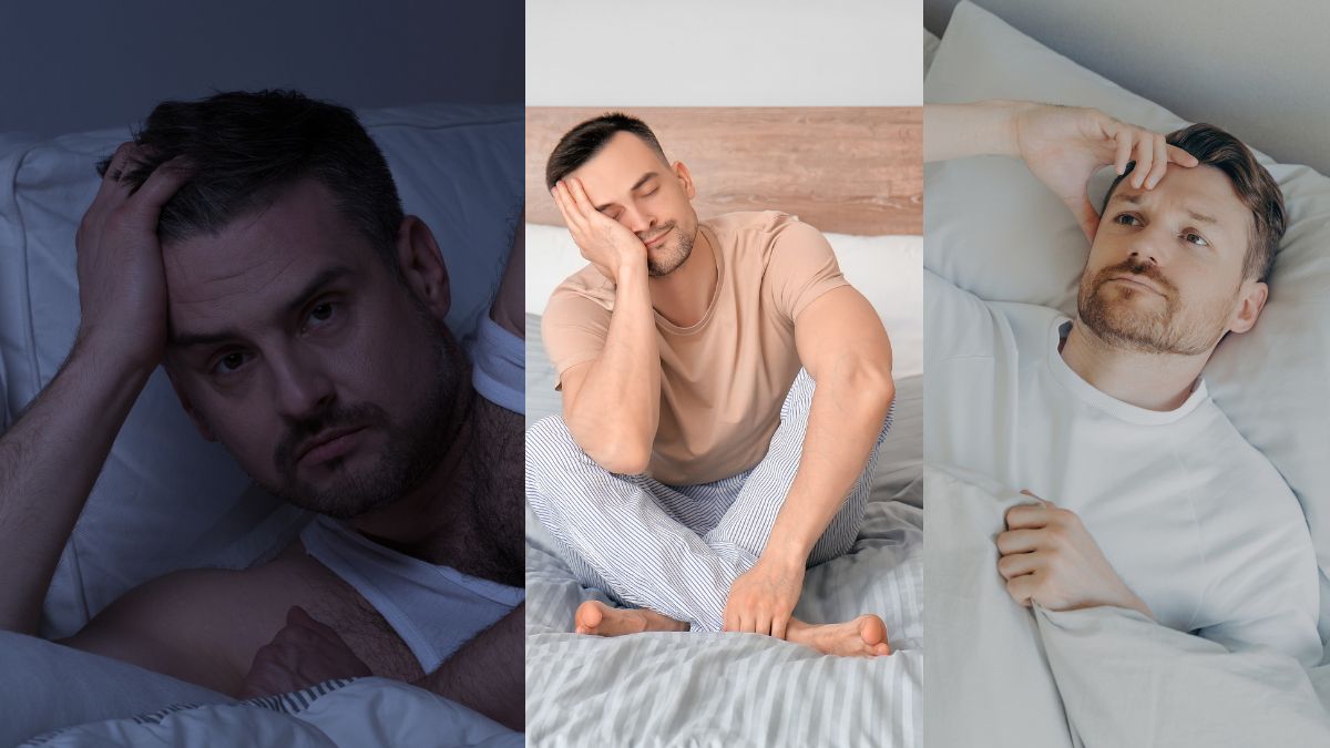 creierul refuză să se odihnească. Colaj bărbat în pat nu poate dormi