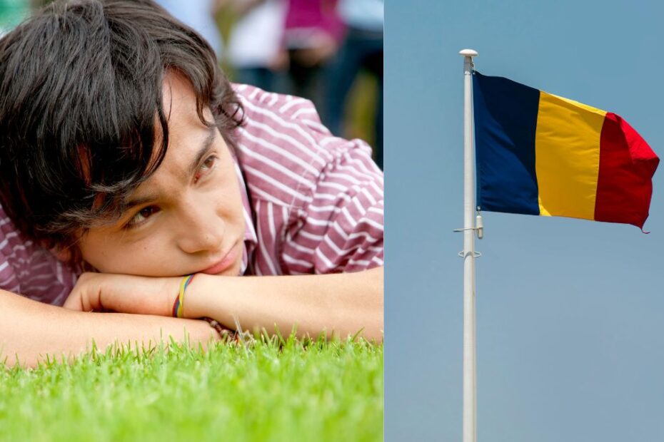 Au case în România, dar își construiesc viitorul în străinătate. Realitatea a mii de români din diaspora. În imagine: stânga tânăr nostalgic, dreapta: steagul României