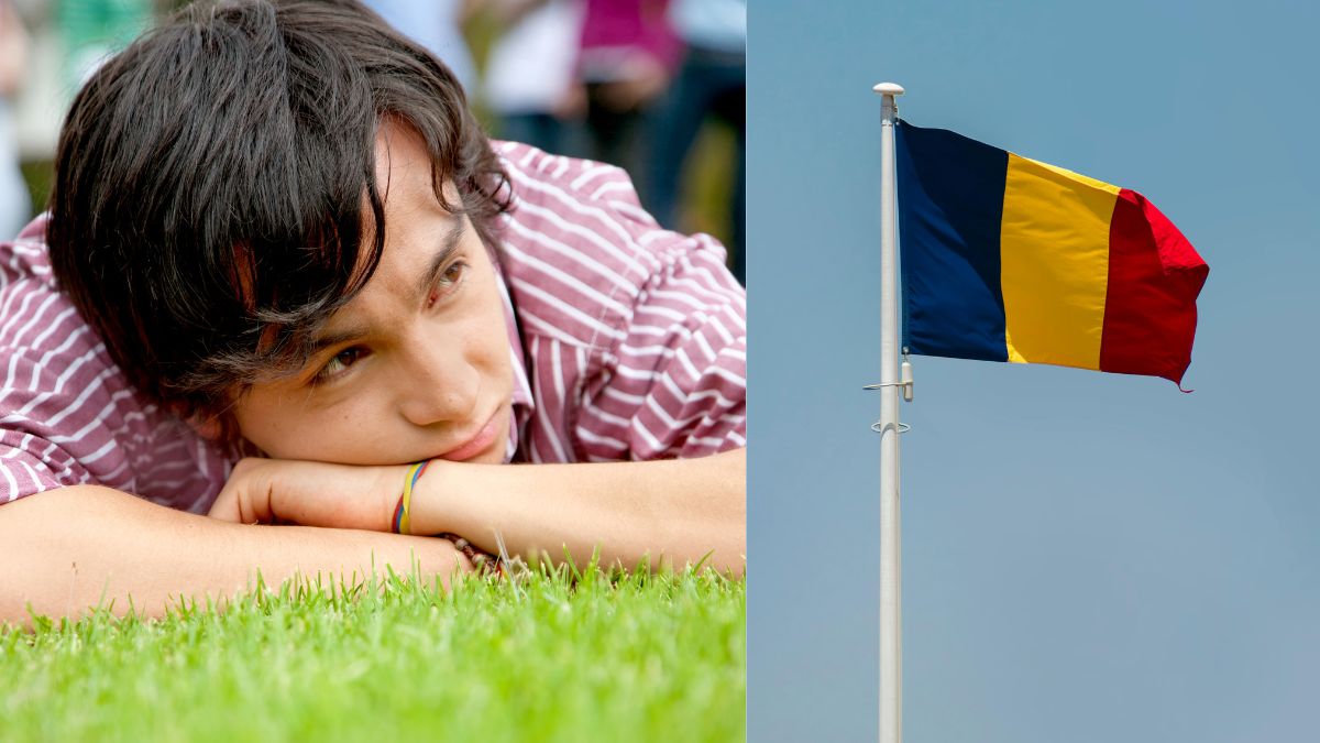 În imagine: stânga tânăr nostalgic, dreapta: steagul României