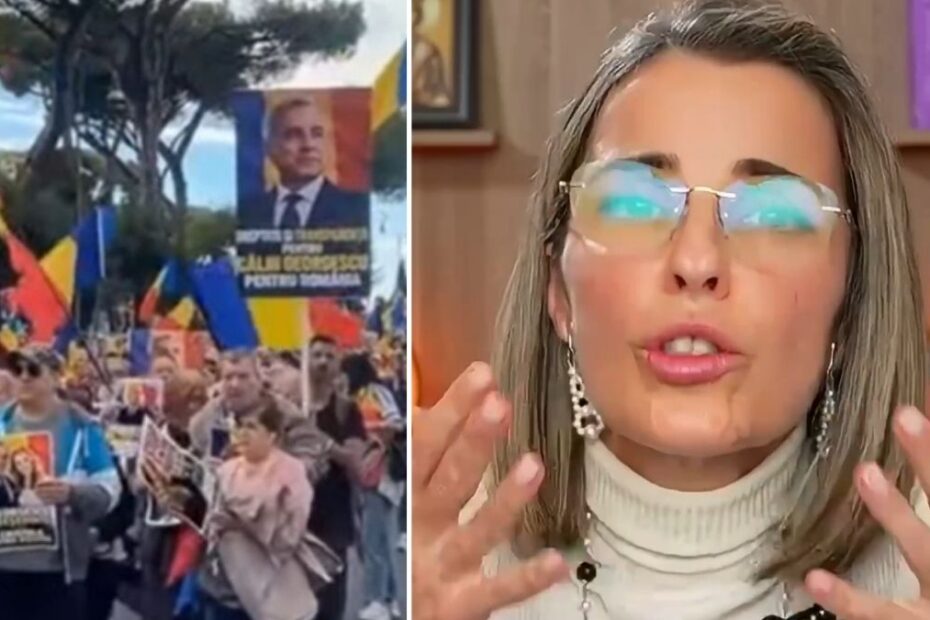 Colaj cu Cristela Georgescu și manifestanți români cu steaguri tricolore la Roma