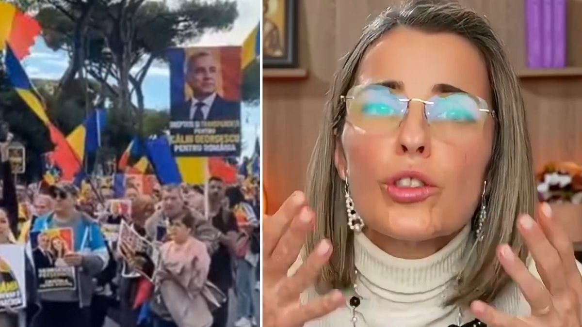 Colaj cu Cristela Georgescu și manifestanți români cu steaguri tricolore la Roma
