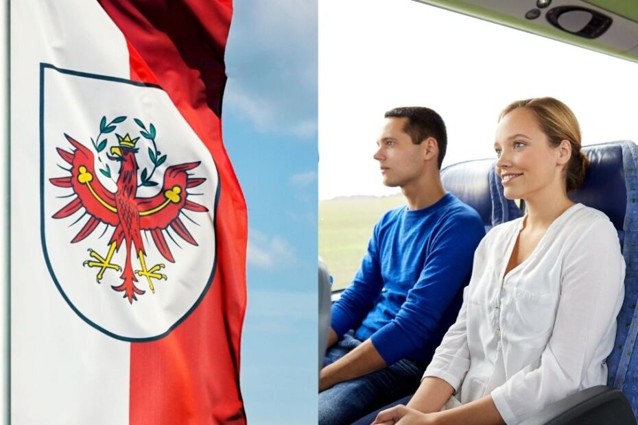 Drapelul Tirolului și pasageri într-un autocar, colaj ilustrativ pentru imigrația în landul austriac