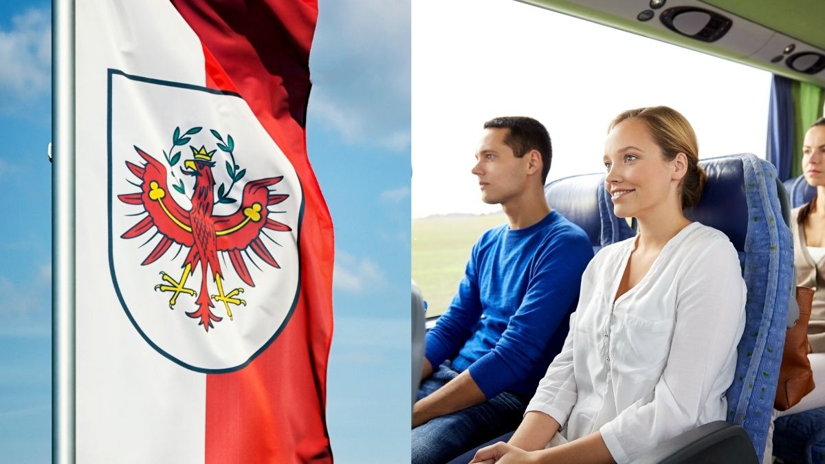 Drapelul Tirolului și pasageri într-un autocar, colaj ilustrativ pentru imigrația în landul austriac