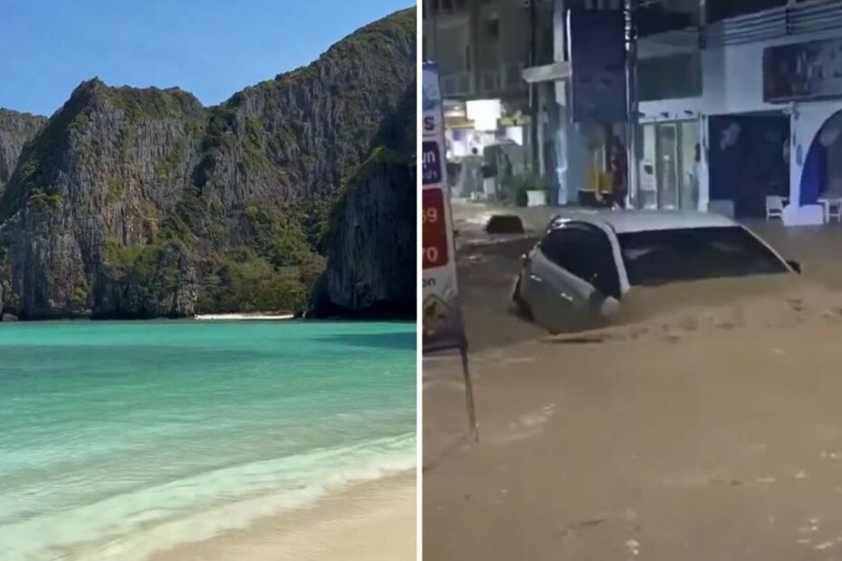 Colaj cu o plajă din Thailanda și o mașină parțial scufundată pe o stradă inundată