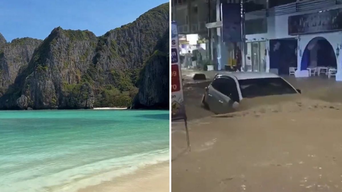 Colaj cu o plajă din Thailanda și o mașină parțial scufundată pe o stradă inundată