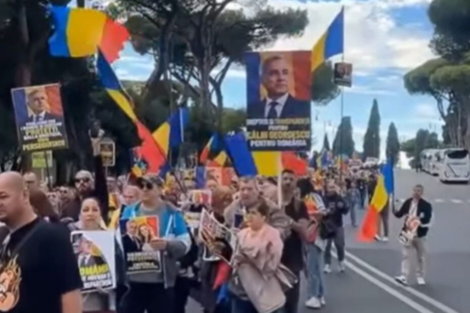Manifestanți români cu steaguri tricolore și afișe cu Călin Georgescu la marșul din Roma
