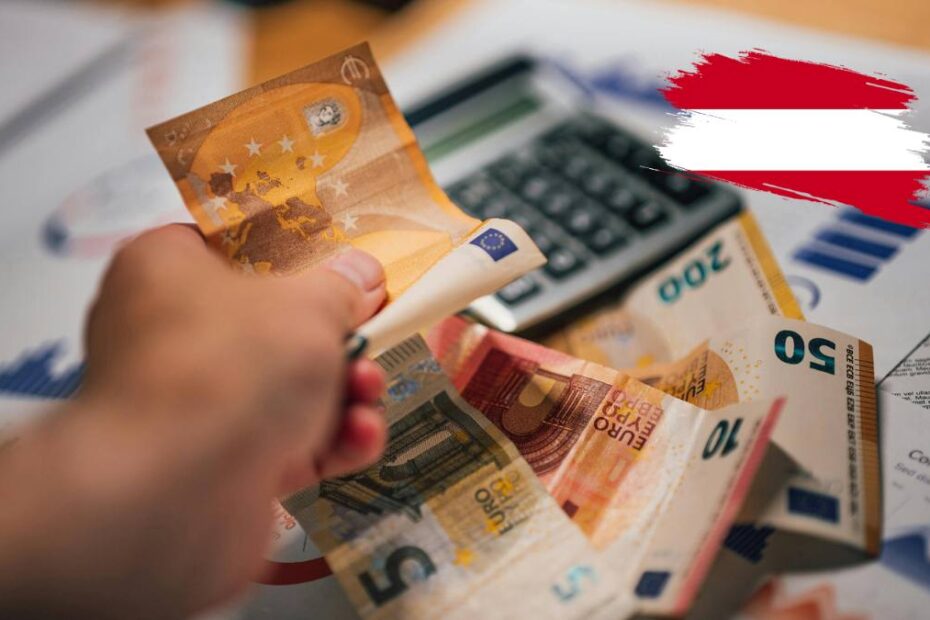 Salariul minim în Austria în 2026 și 2027 – bancnote euro și calculator